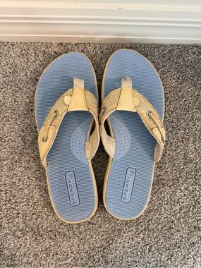 Sperry Light Blue Footbed with Gold Glitter Strap Flip Flops